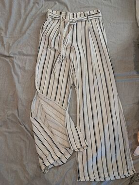 55% Linen Rewash Pants  Striped  Pull On Side Slits Elastic Waist Sz M Beach